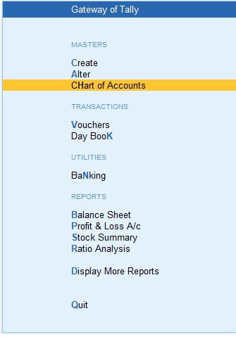 charts of accounts in tally prime